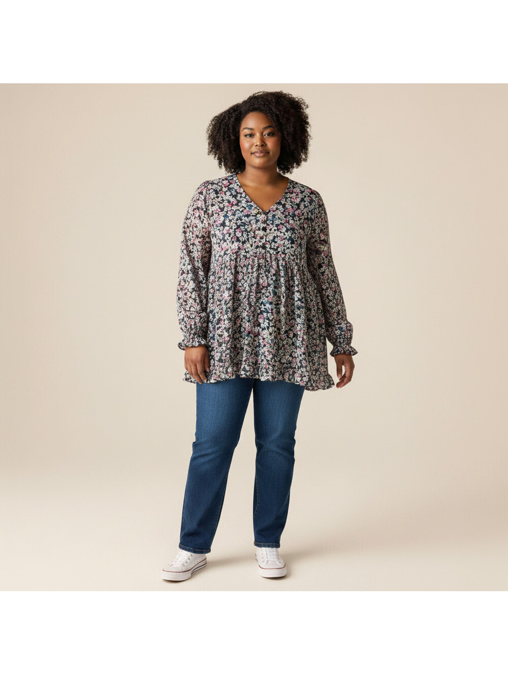 Terra & Sky Tunic Top Women 2X Plus Black Floral V-Neck Long Sleeve Button Lined